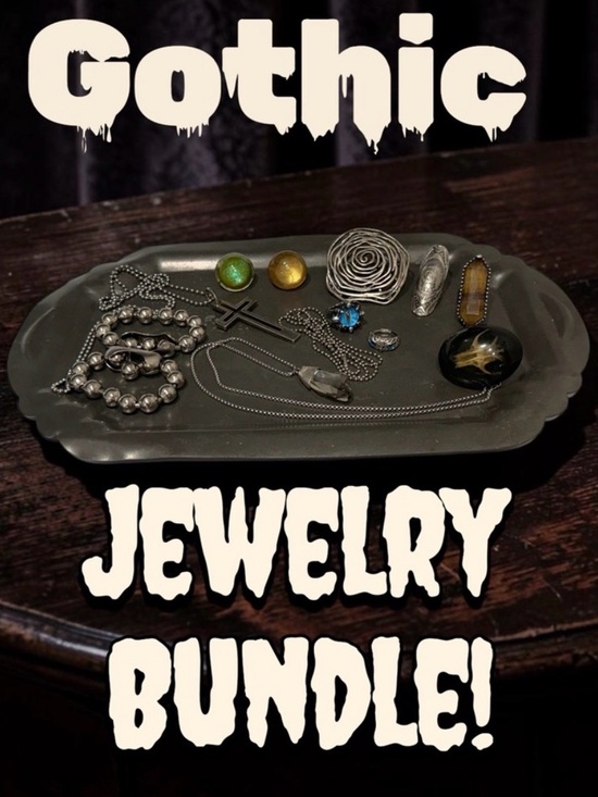 Vintage Jewelry - Gothic  Jewelry Bundle in Black and Silver with Pewter Tray-14 Piece Set